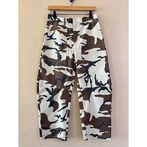 NWT Nili Lotan Shon Crop Pants Womens 2 Camo Brown Ivory Wide Leg Barrel Bowleg